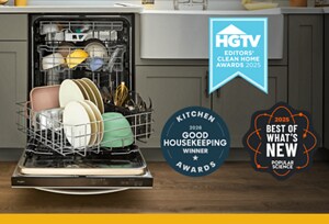 An open Whirlpool® Dishwasher with various badges