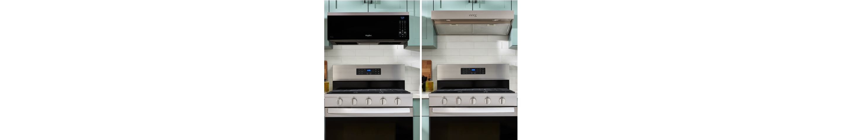 A side-by-side image of a Whirlpool® Low Profile microwave above a Whirlpool® range and a Whirlpool® range with a range hood