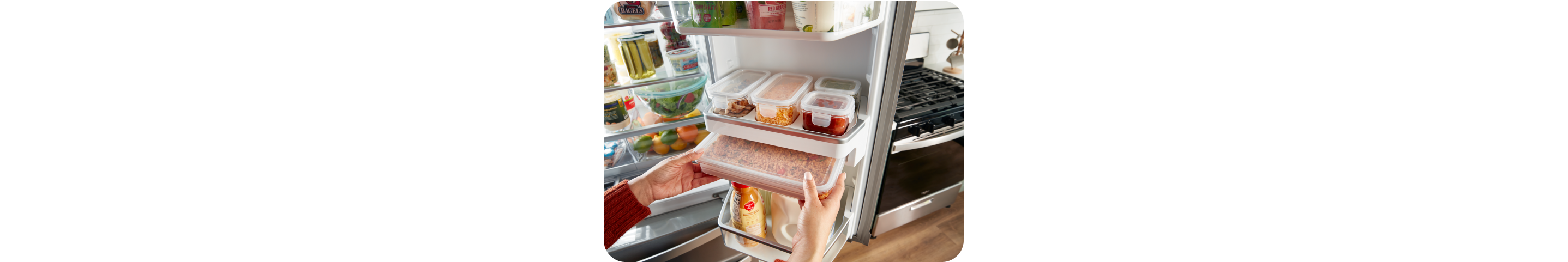 A Whirlpool® French Door Refrigerator with Prep & Store Bins