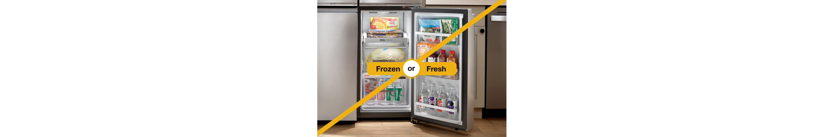 Refrigerator with Frozen or Fresh text over it