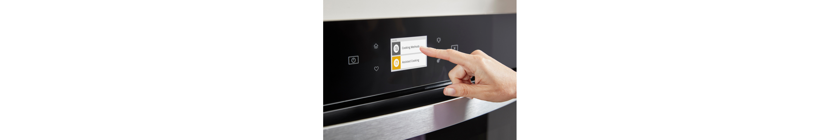 A hand selecting Cooking Methods on a wall oven Touchscreen