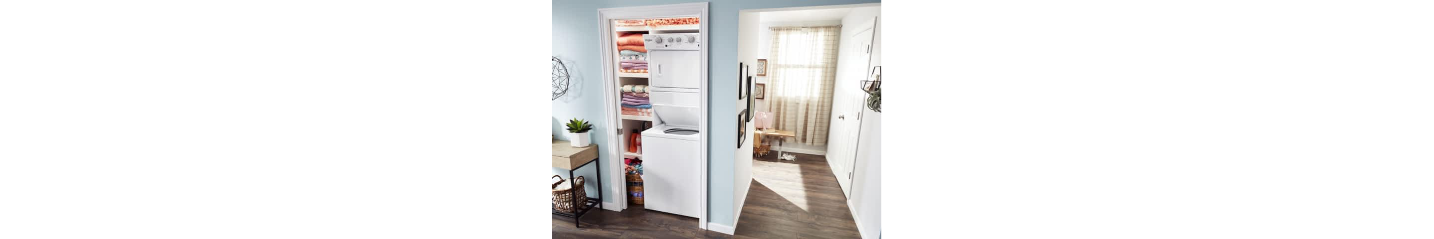 A Whirlpool® Stacked Laundry Center installed in a closet