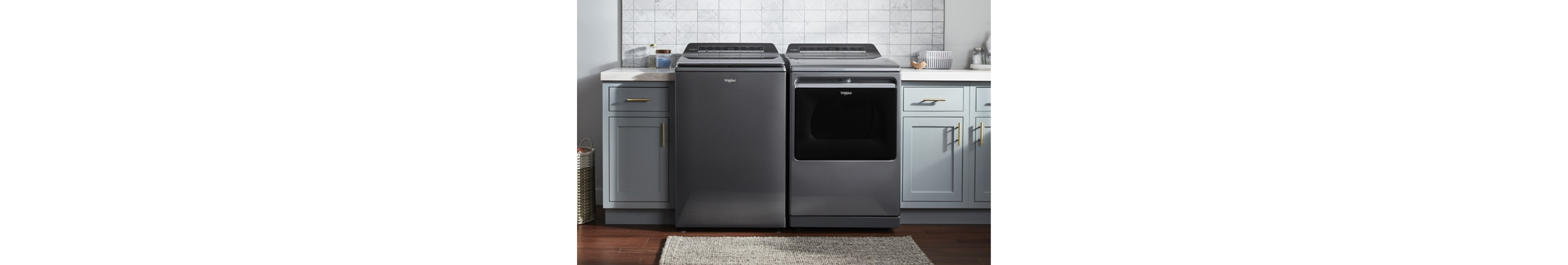 A Whirlpool® Smart Washer & Dryer Set with a Chrome Shadow Finish