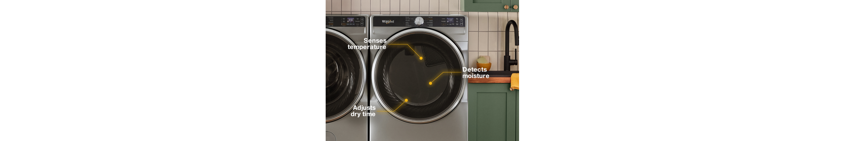 A Whirlpool® dryer with AI Intelligent Dry descriptions.