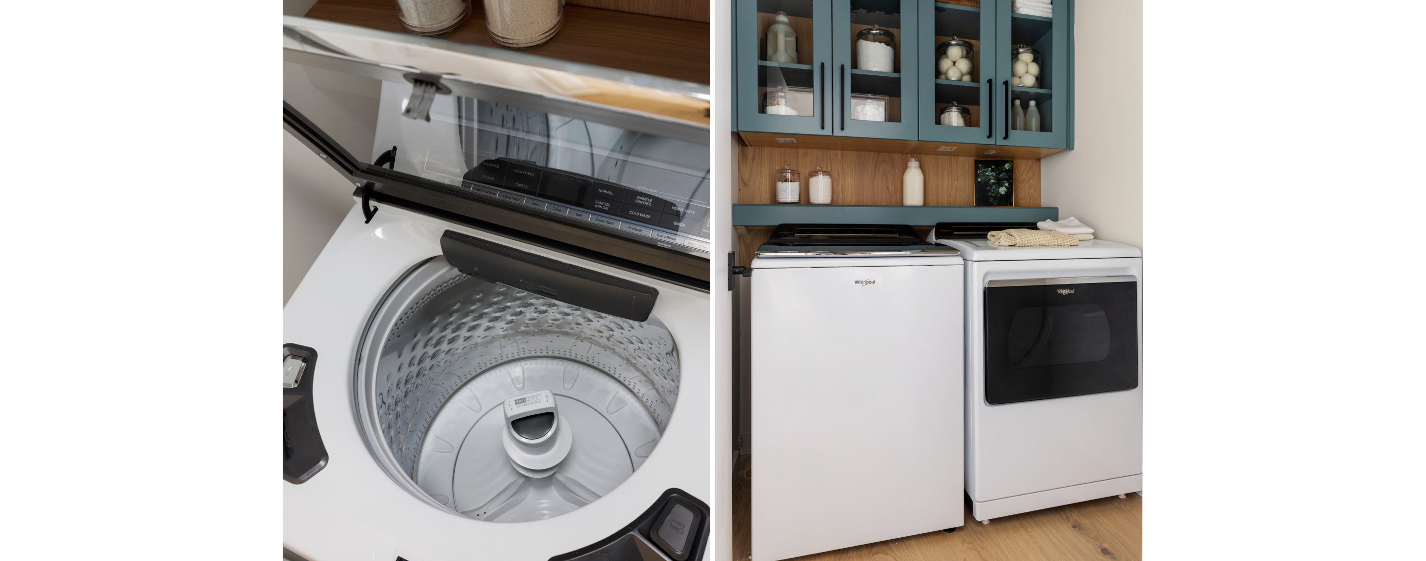 White Whirlpool® Washer and a matching Smart Laundry pair in a modern home