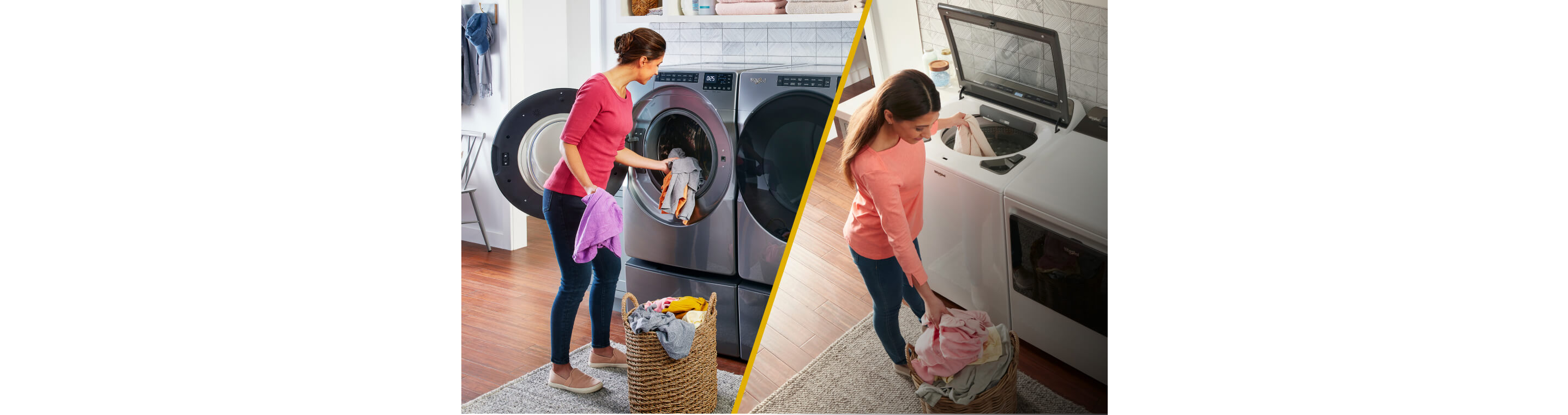 A split screen of two people doing laundry, one with a Whirlpool® Front Load Washer and the other with a Whirlpool® Top Load Washer