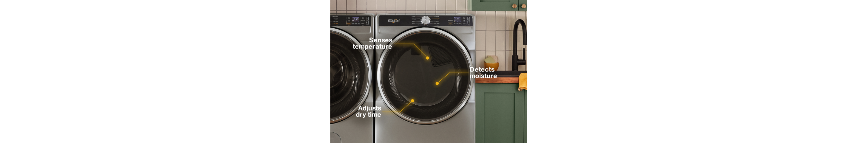 The drum on a Whirlpool® Dyer with labels that say "Senses temperature", "Detects moisture" and "Adjusts dry time"