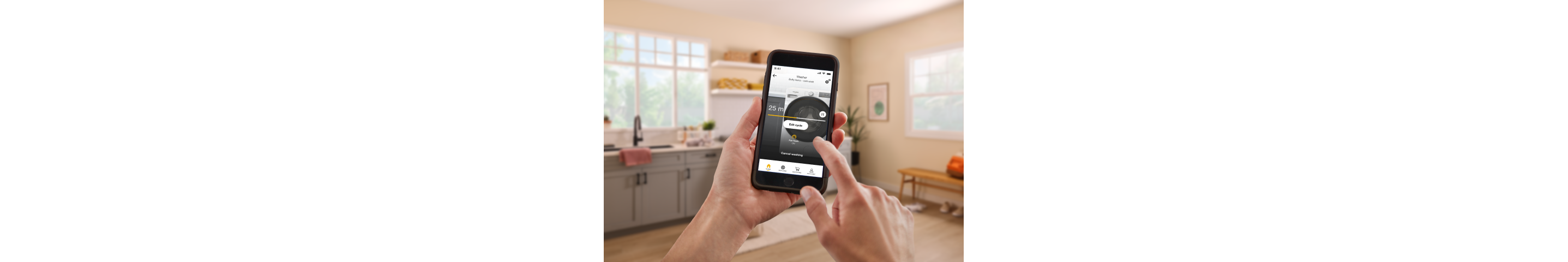 Hand holding a phone and tapping on the Whirlpool® App