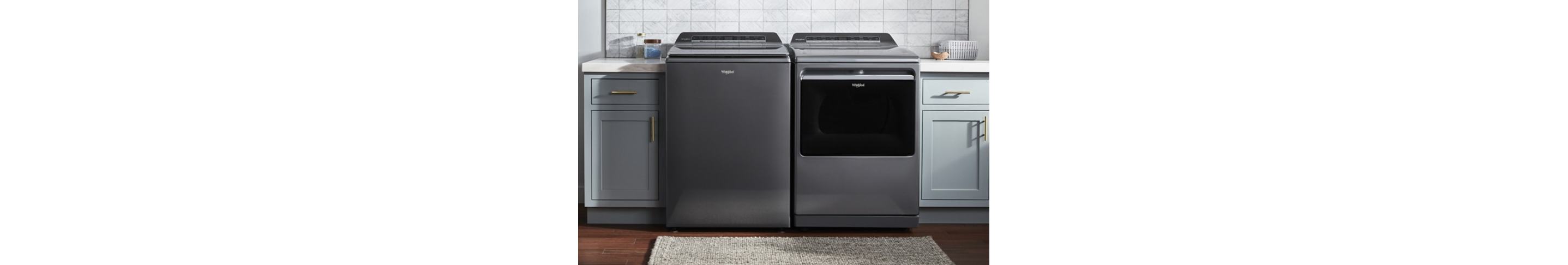 A Whirlpool® Smart Washer & Dryer Set with a Chrome Shadow Finish