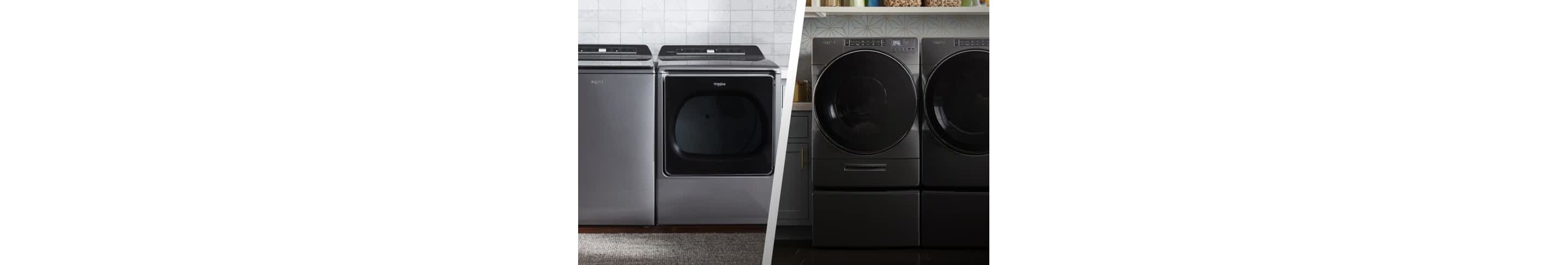 An image comparing Whirlpool® Top Load and Front Load Laundry Sets