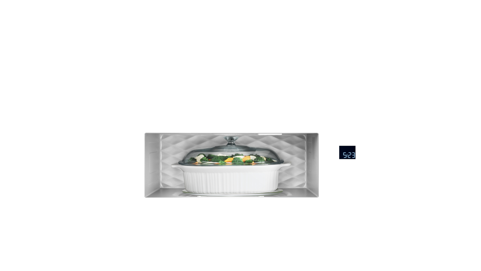 Our under-cabinet mounted microwave fits large casserole dishes.