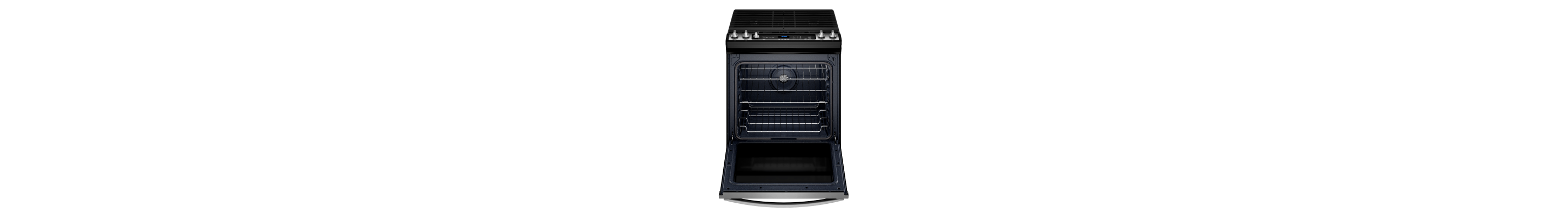 An opened oven with the oven racks displayed.