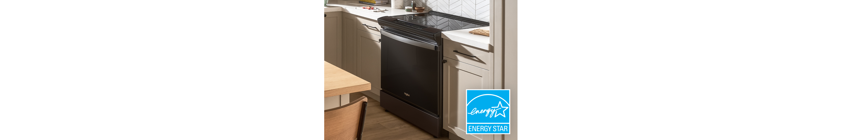 A Whirlpool® range in a kitchen with an ENERGY STAR® badge.