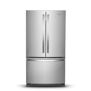 Stainless steel French door refrigerator.