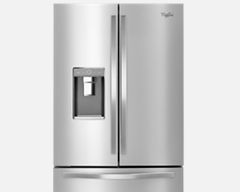 Whirlpool French door fridge with open doors.