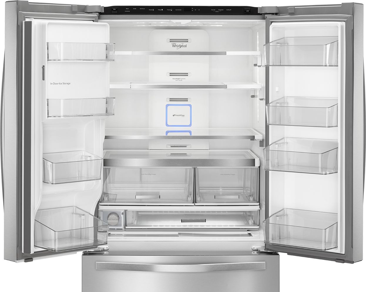 Whirlpool French door fridge with open doors.