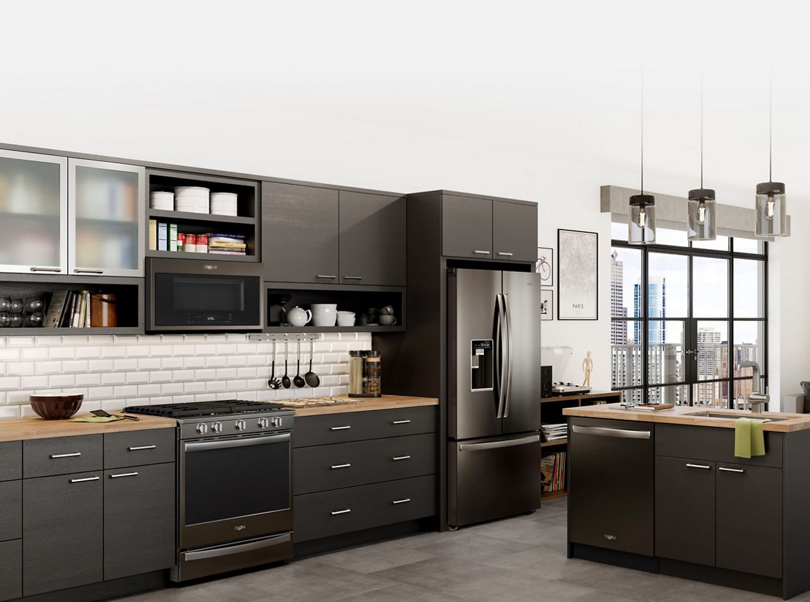 Sleek kitchen featuring a Whirlpool appliance suite.