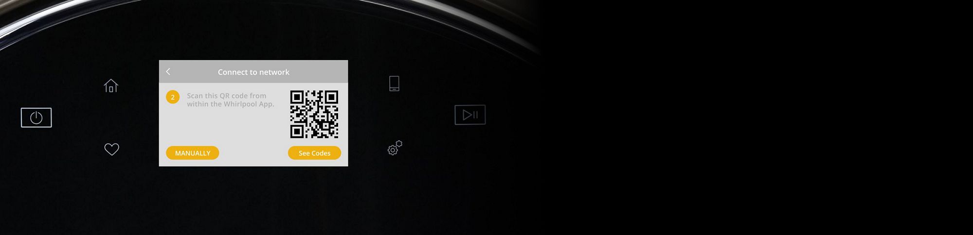 A screen with a QR code on an appliance control panel.