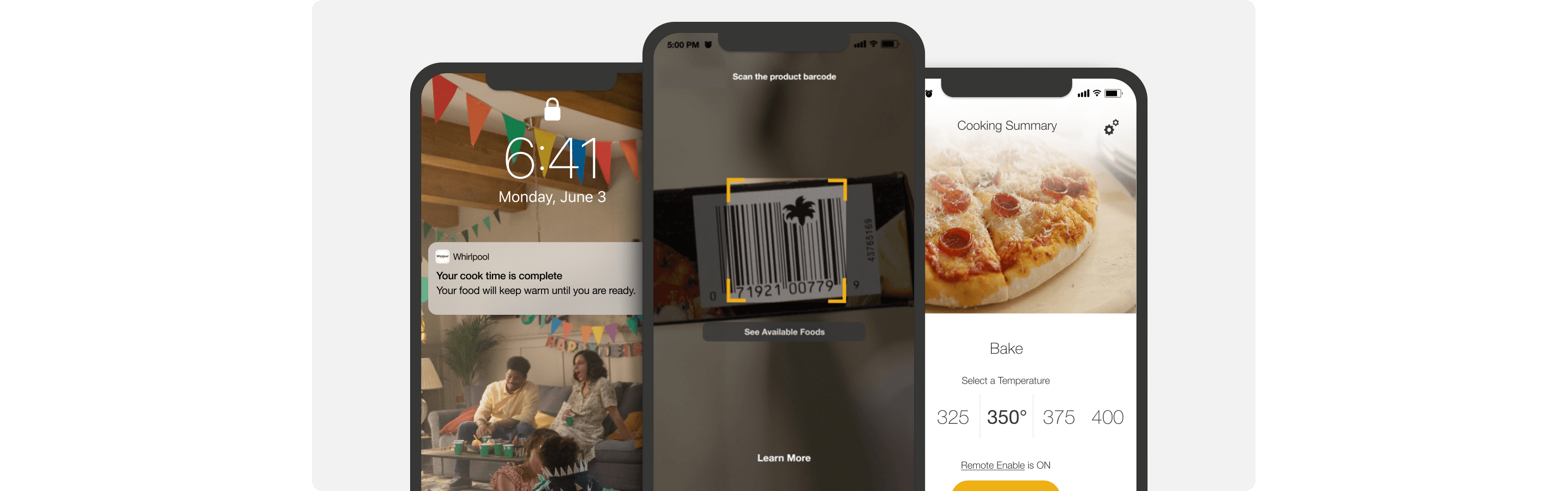 Smart phones featuring notifications, functions and in-app experiences for the Whirlpool® App
