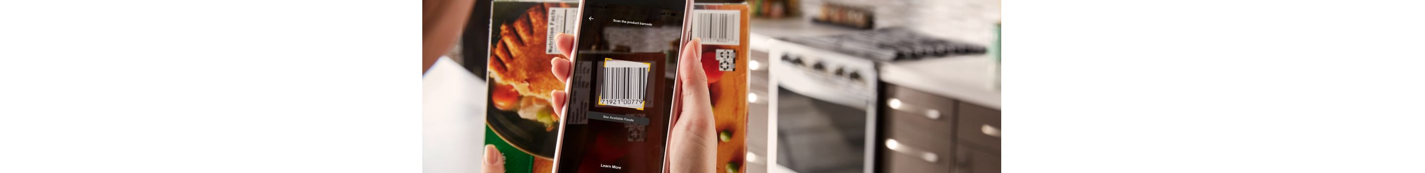 Hands using the Whirlpool® App to scan a barcode.