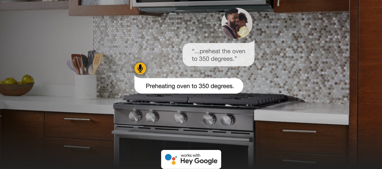 Voice command to preheat oven and Whirlpool® Smart Slide-In Range reacting