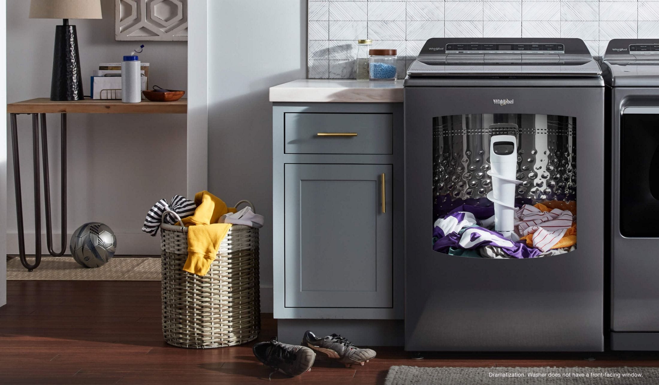 A washer filled with uniforms