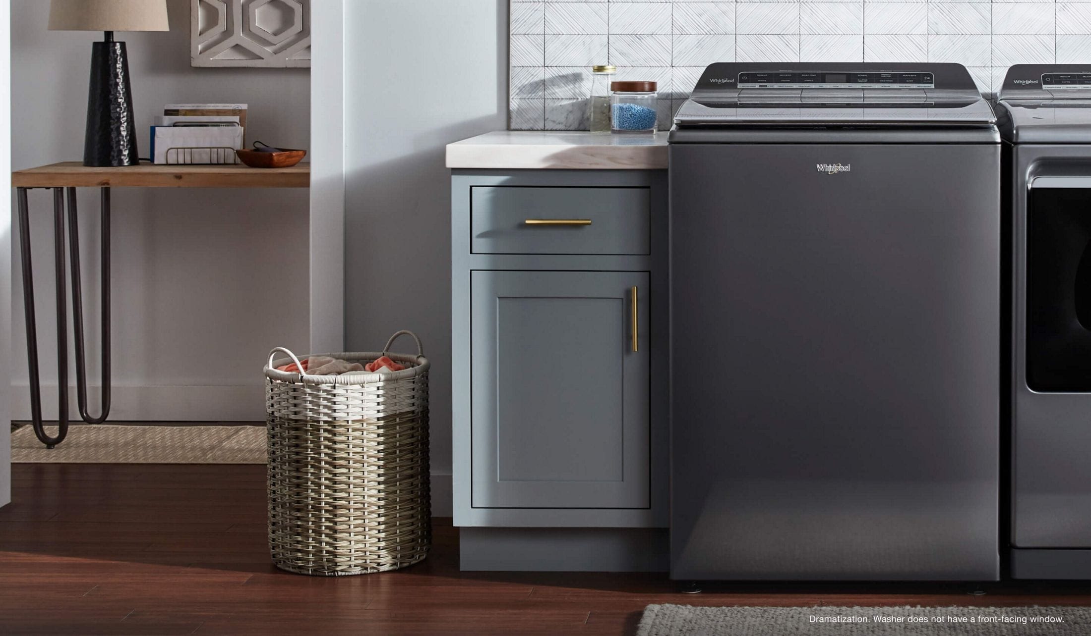 A Whirlpool® Smart Washer with the 2 in 1 Removable Agitator removed