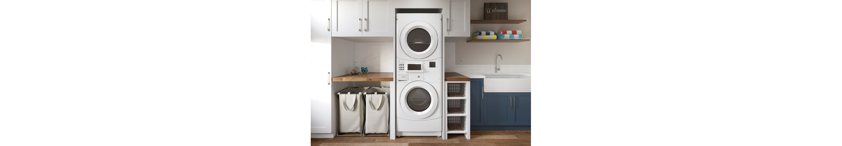 A stacked Whirlpool® laundry set in a laundry room.