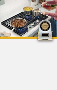 A person cooking on a Whirlpool® Cooktop, with a J.D. Power badge over the image