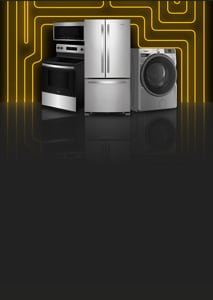Whirlpool® range with an over-the-range microwave, a french door refrigerator, and a front-load washing machine