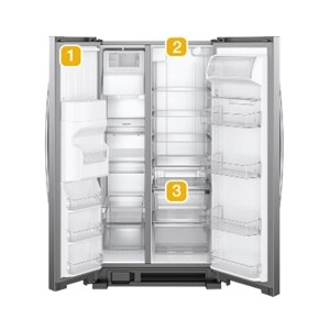 A refrigerator with numbers indicating model number placement