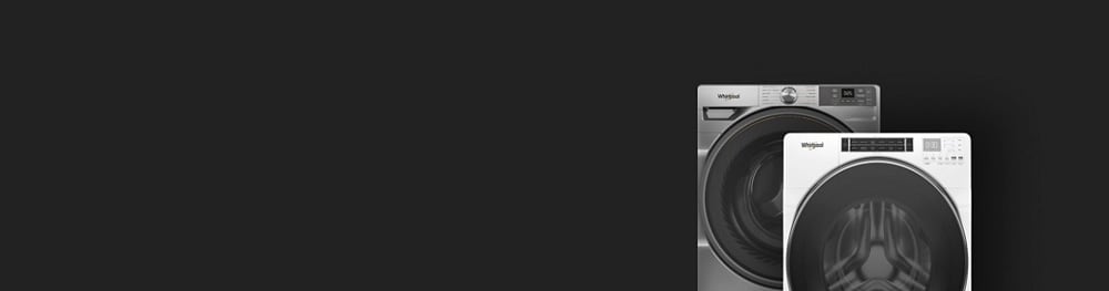 White and black Whirlpool® Front Load Washers.