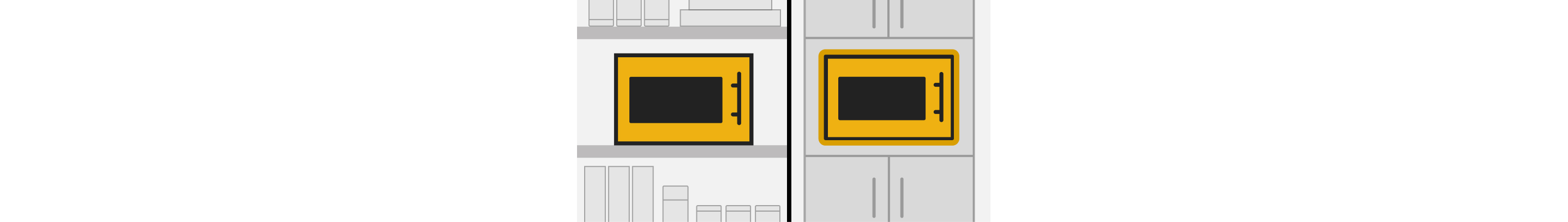 A line drawing showing one microwave on a countertop and another microwave built into cabinets
