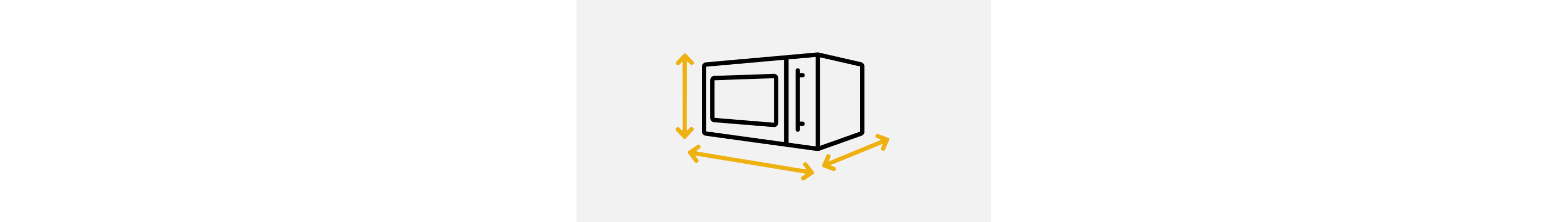 A line drawing of a microwave with arrows indicating height, width and depth