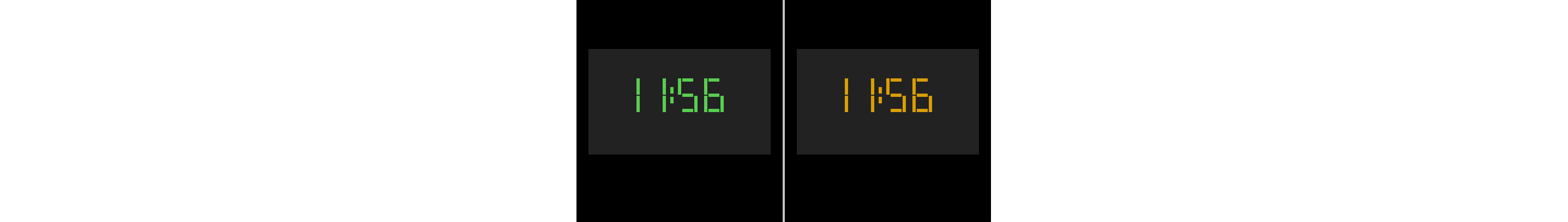 Split screen of a green digital display and an amber digital display