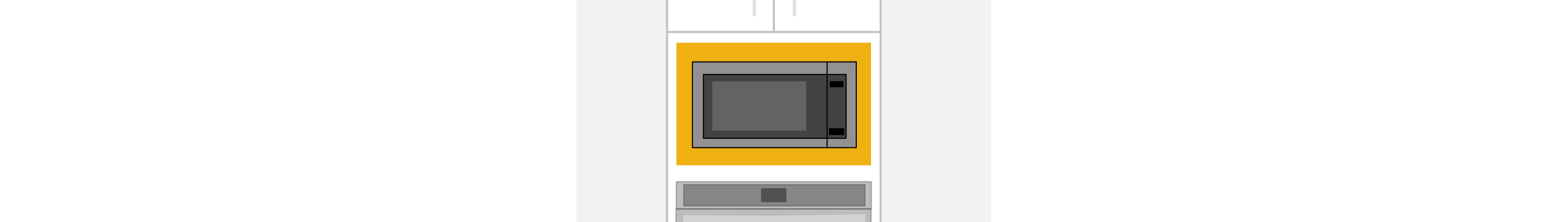 A line drawing of a countertop microwave built into a cabinet with the trim pieces highlighted