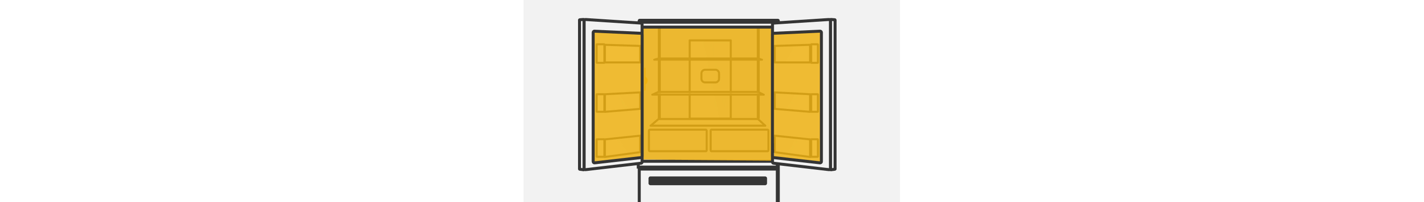 A line drawing of an open French door refrigerator with the capacity of the refrigerator space highlighted. 