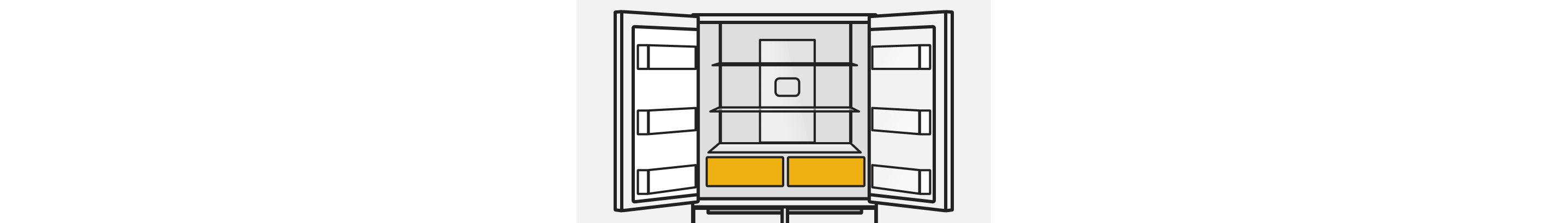 A line drawing of an open French door refrigerator with the drawers highlighted