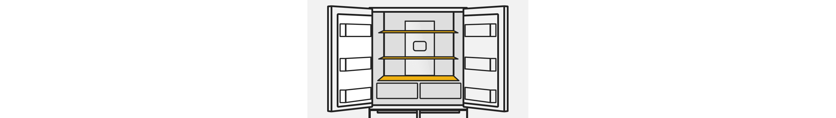 A line drawing of an open French door refrigerator with the shelves highlighted