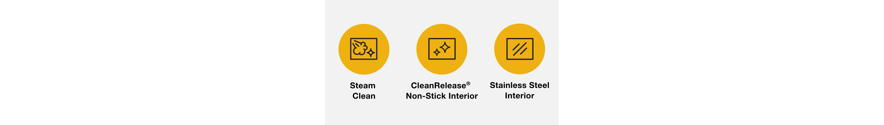Steam Clean icon, CleanRelease® Non-Stick Interior icon and Stainless Steel Interior icon
