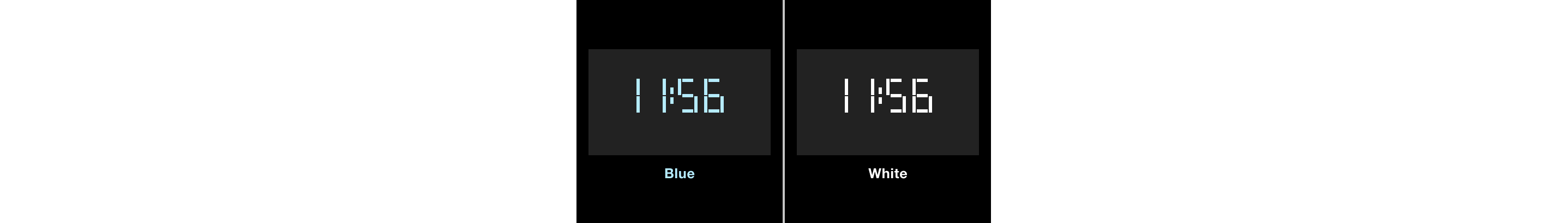 Split screen of a blue digital display and a white digital display