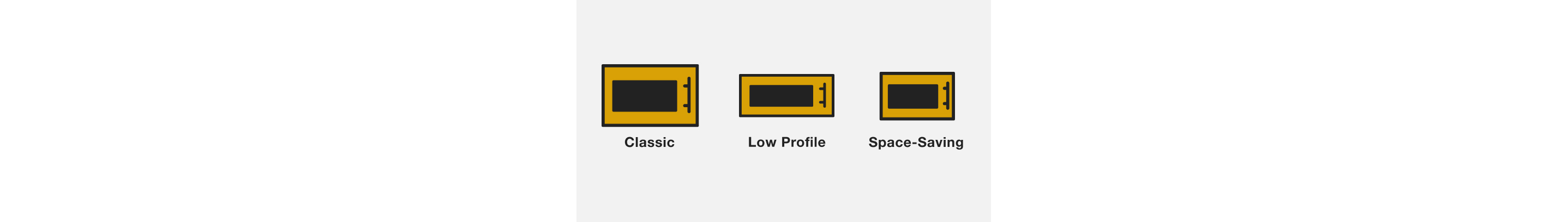A line drawing of three microwaves side by side, labeled with Classic, Low Profile and Space-Saving