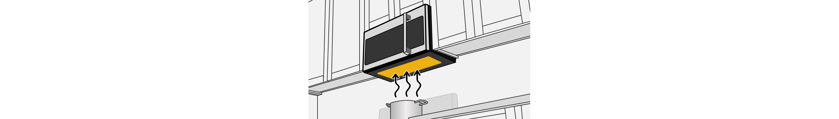 A flush built-in microwave with the fan area highlighted in yellow and arrows to indicate steam coming from a pot on the stovetop