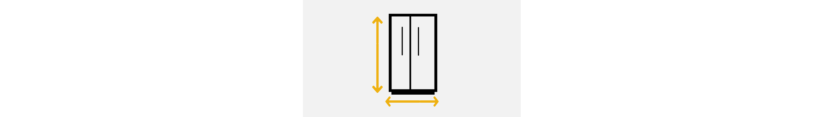 A line drawing of a side-by-side refrigerator with double-sided arrows showing the height and width