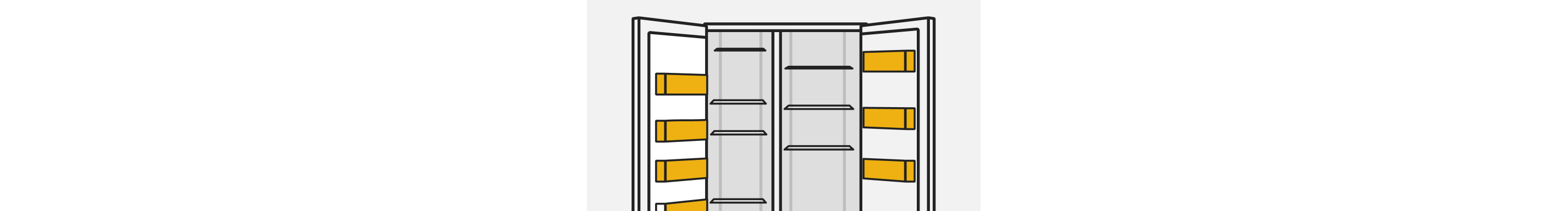 A line drawing of an open side-by-side refrigerator with the door bins highlighted