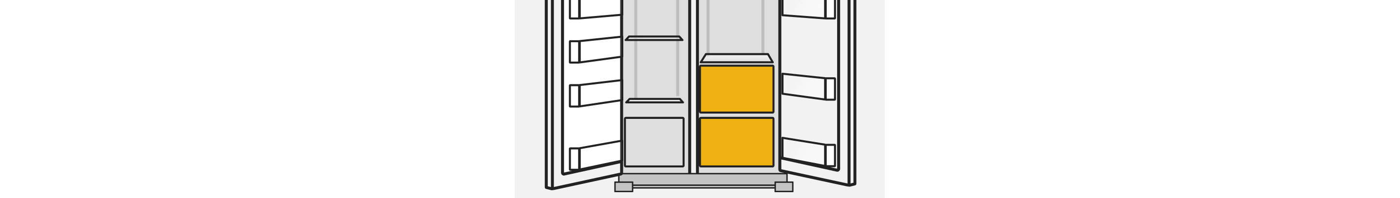 A line drawing of an open side-by-side refrigerator with the drawers highlighted