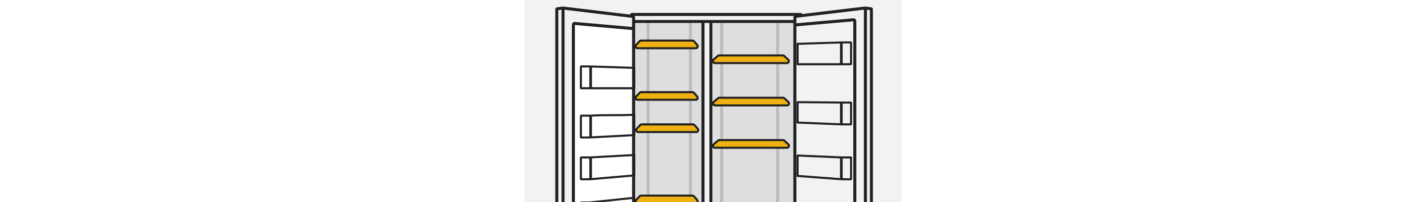 A line drawing of an open side-by-side refrigerator with the shelves highlighted