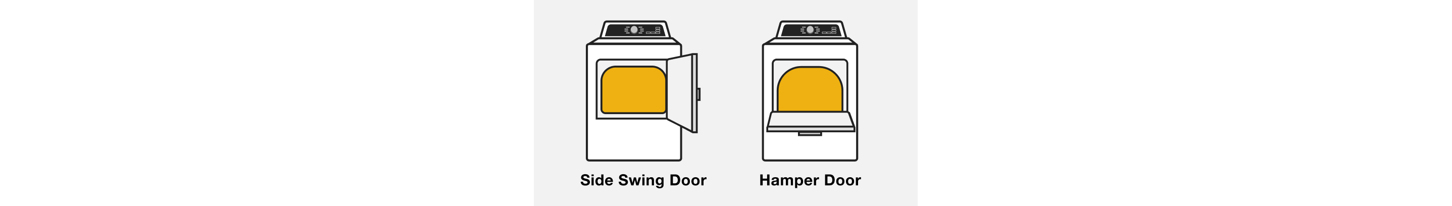 Line drawings showing a dryer with a Side Swing Door and a dryer with a Hamper Door