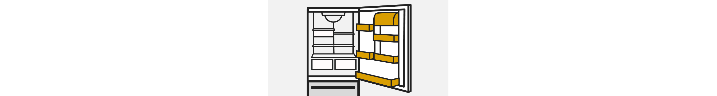 A line drawing of an open Bottom Mount refrigerator with the door bins highlighted. 