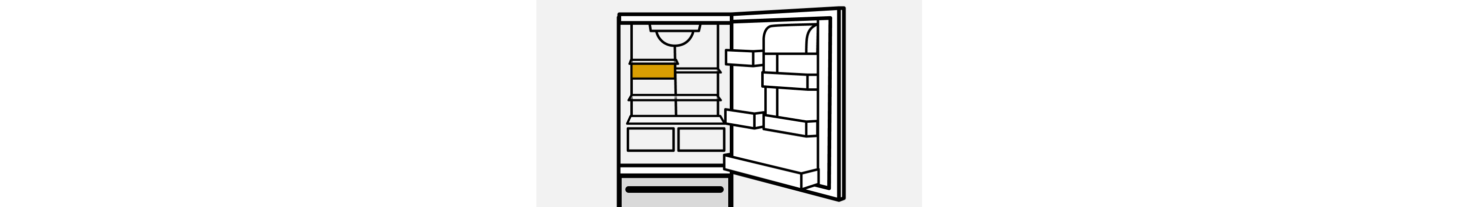 A line drawing of an open Bottom Mount refrigerator with the drawers highlighted. 